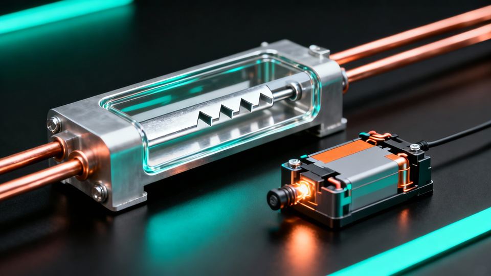 Illustration of a busbar fuse on an aluminium housing next to a battery disconnect unit, shown on a dark background.