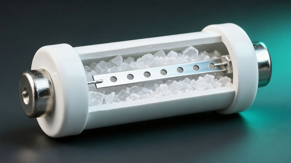 Illustration of a ceramic cartridge fuse cut away to show a notched silver element surrounded by quartz sand.