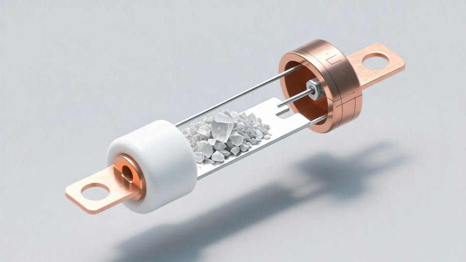 Illustration of an exploded fuse assembly with copper end caps, a ceramic body and the element inside.